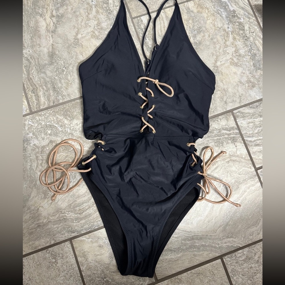 Black Lace-Up One-Piece Swimsuit size L
